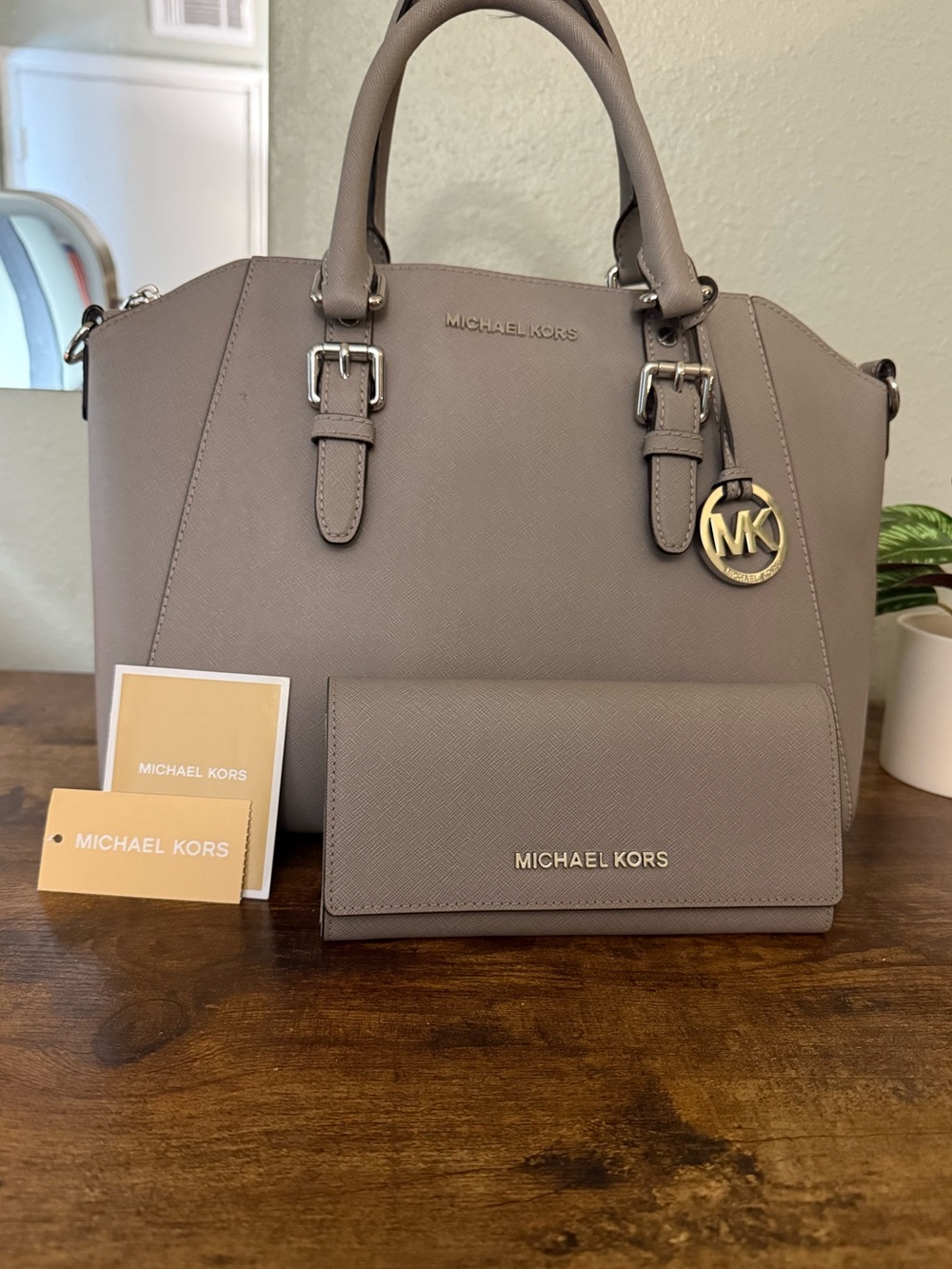 Michael Kors Savannah Large Taupe Saffiano Satchel & Matching Wallet Set